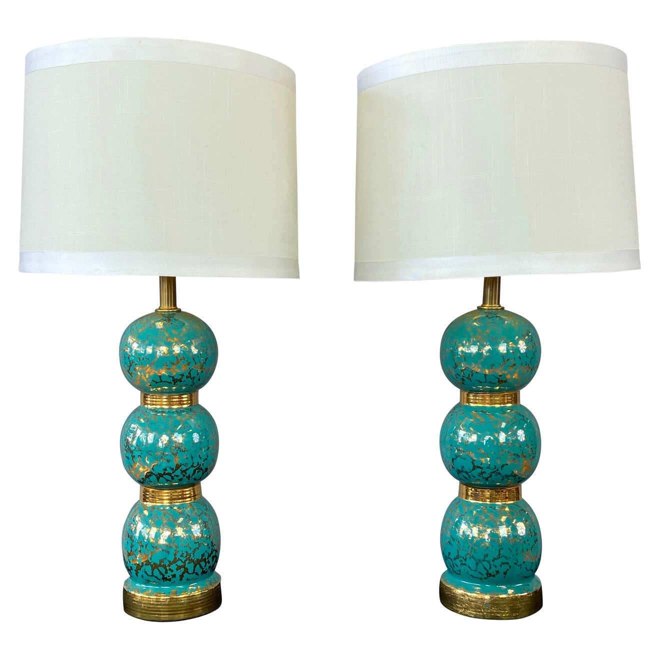 Pair Of Turquoise And Gold Ceramic, Ball Shaped Table Lamps